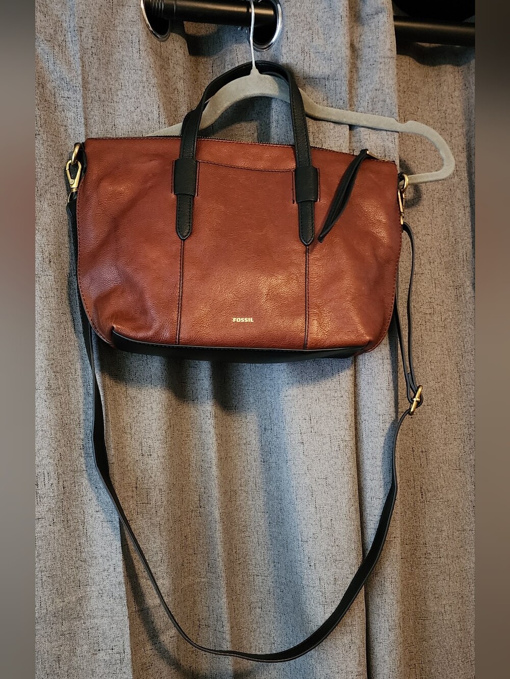 Fossil SHB2725 Colorblock Leather Tote Satchel Crossbody Bag Cognac Brown Black